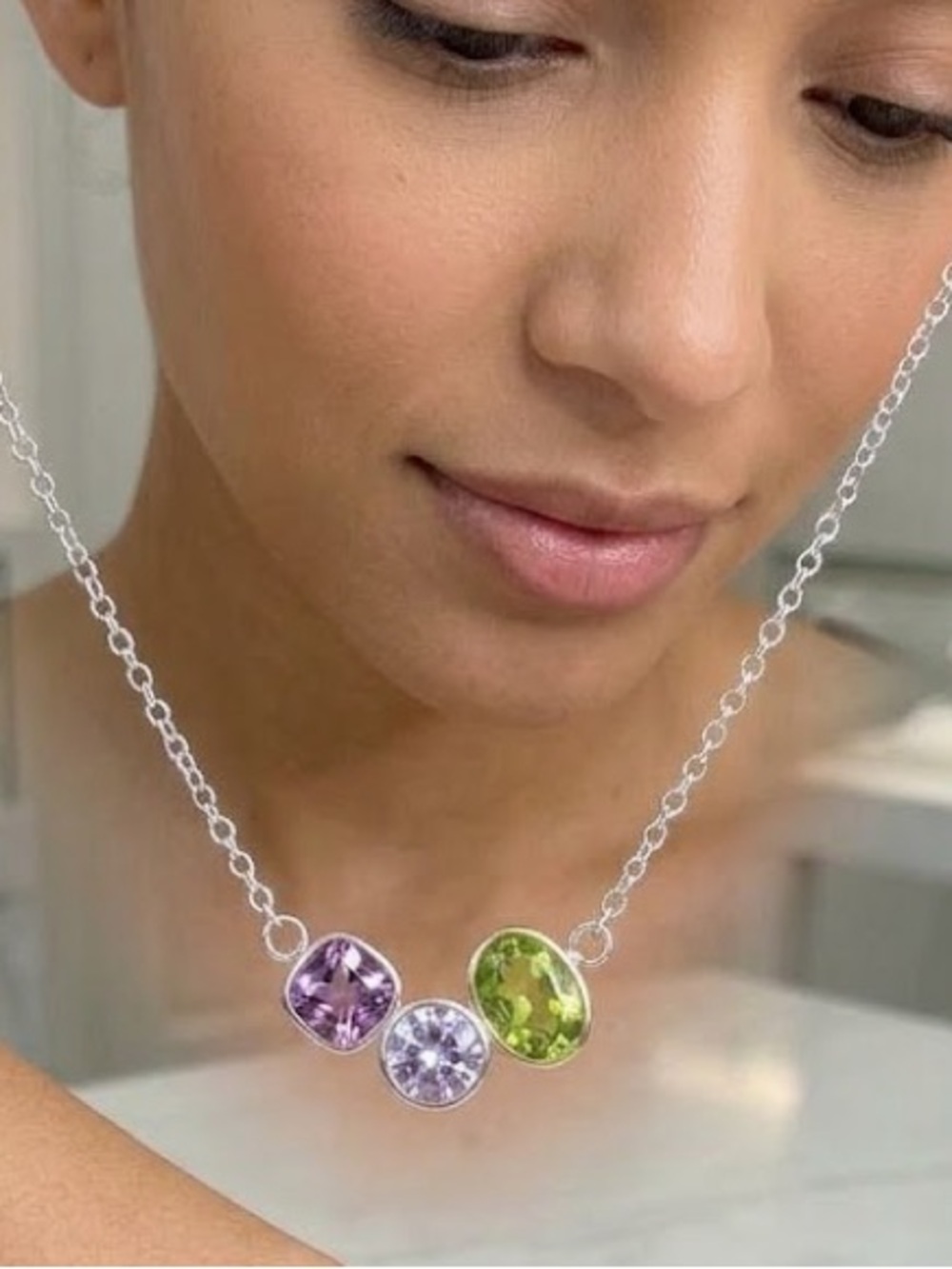 New Matte Gold Gemstone Station Necklace | Bezel-Set Gemstone Accent